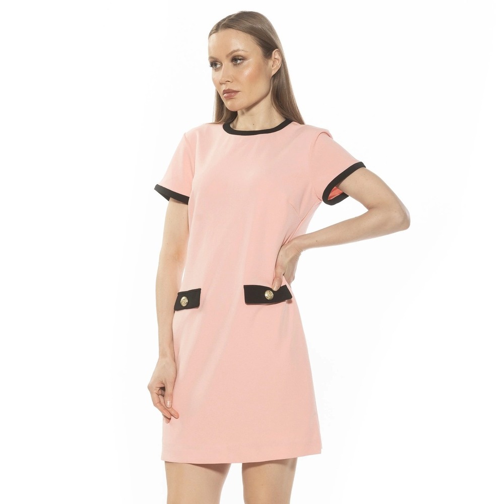 NWT Alexia Admor Carys Pink Black Trim Crest Button Old Money Shift Dress S